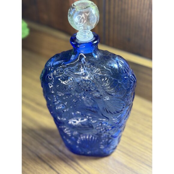 Vintage Cobalt Blue Glass Decanter With Embossed Fish & Sea Motif- SOLD - Picture 2 of 5